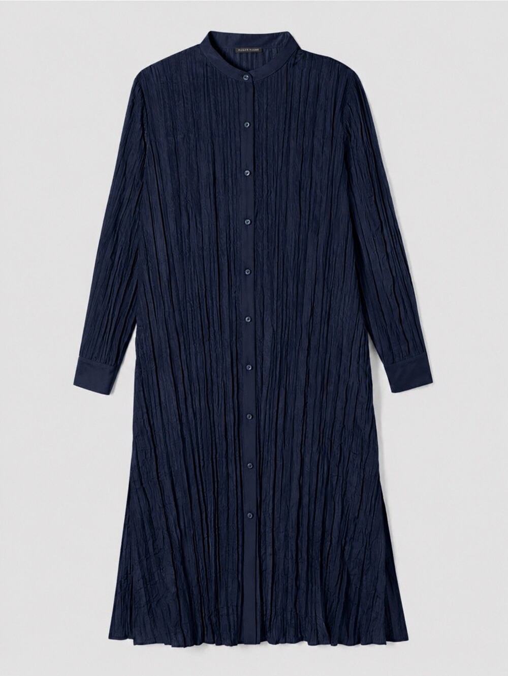 NWT Eileen Fisher Crushed Silk Band Collar Long Shirt Dress Easy SzXXS Blue $298
